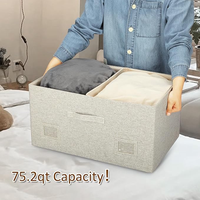 Graciadeco 75 Quart Extra Large Decorative Collapsible Storage Bins with Lids, 1 Pack Beige Stackable Boxes