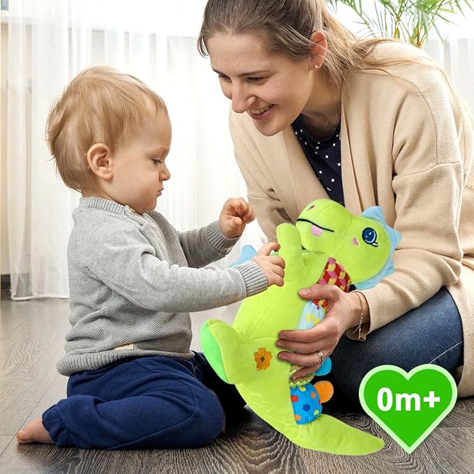 Baby Dino Musical Stuffed Animal Toys for 0-3-6-9-12 Months，Infant Dinosaur Tummy Time Toys with Crinkle Sound Paper,Teether，Textures & Rattles for Newborn Boys Girls Birthday Gifts，Green