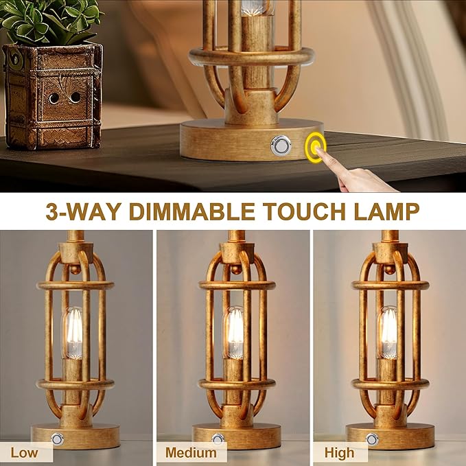 G-SAFAVA 23.75'' Table Lamps Set of 2 for Living Room Bedroom Industrial Farmhouse Metal Touch Lamps with USB A+C Ports, Night Light Vintage Nightstand Bedside Lamp, Bulbs Included, Antique Gold