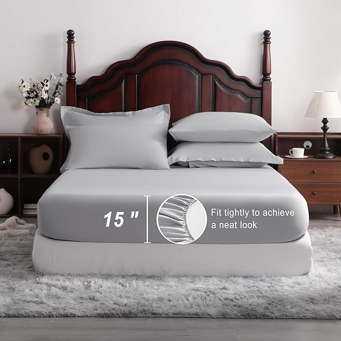 NTBAY Queen Comforter Set with Sheets, 7 Pieces Soft and Breathable Queen Bedding Set, Bed in a Bag, Down Alternative Comforter Set Solid Color All Season, Queen Bedding Set, Light Grey