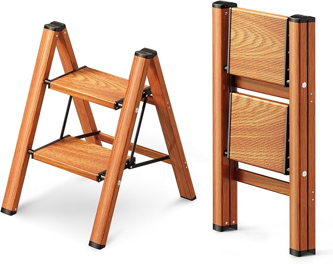 GameGem 2 Step Ladder, Folding Step Stool with Anti-Slip Wide Pedal, Aluminum Material Lightweight Yet Sturdy, 300 Lbs Load, Cute Modern Apperance for Indoor Household Spaces