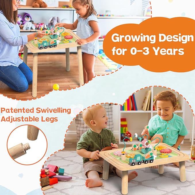 Activity Table for Kids 6-36 Months, 9 in 1 Wooden Montessori Toys with Bead Maze Shape Sorter Train Toy, Baby Sensory Table Toddler Toys 1st Birthday Gifts for Kids