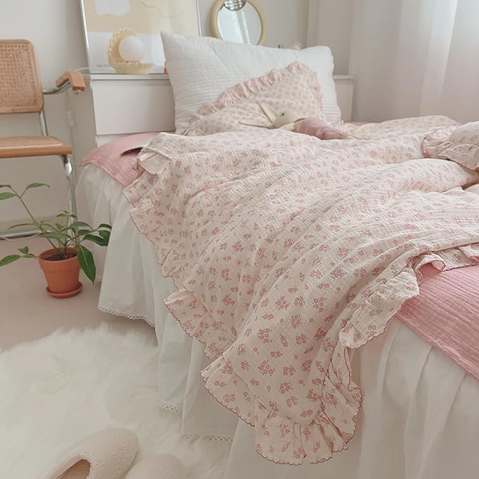 BuLuTu Girls Baby Duvet Cover Pink Flower Duvet Covers Muslin Cotton Toddler Kids Duvet Cover Quilted Protector, 47"x59", Galsang Print (No Filling)