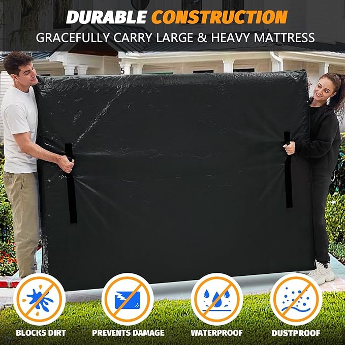 Mattress Bags for Moving, BETU Mattress Protector Waterproof Mattress Cover Full XL Size Storage Bags with 8 Heavy-Duty Handles and Zipper for Bed Extra Thick Large Reusable (82"x57"x15" Black)
