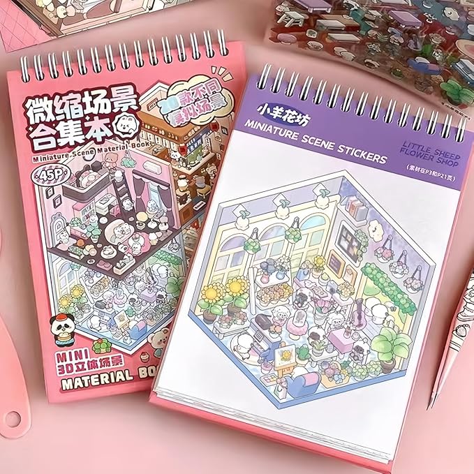 20 Sets 3D Sticker Therapy Scene Material Book,DIY 3D House Stickers Set for Adults,Rich Collection of 3D Space Stickers and Storage Spiral Notebook,Room Stickeer Book for Adults Kids