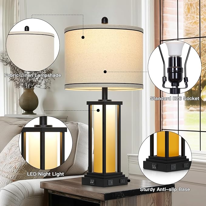 Cinkeda 27" Tall Vintage Table Lamp Set of 2 with USB C+A & Outlet,Farmhouse Nightstand Lamp for Living Room,Rustic Retro Bedside Lamps with Red-Orange Glass Night Light for Bedroom Entryway,Black-2