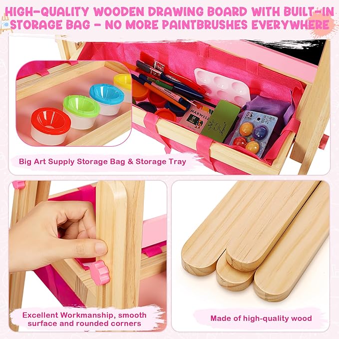 Wood Easel for Kids, All-in-ONE Adjustable Easel with Art Supplies, Magnetic Double Sided Whiteboard & Chalkboard, Ideal Christmas, Birthday Gift for Boys & Girls Age 3, 4, 5, 6, 7, 8+ Years Old