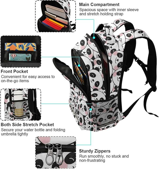 MNSRUU School Backpack with Chest Strap, Dot With Cute Panda Laptop Backpack, Travel Hiking Backpack for Boys Girls, Rucksack, Knapsack