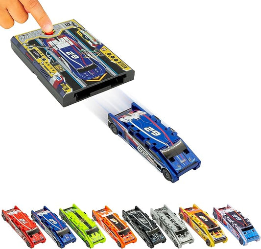 FLAT 2 FAST Original Stunt Card Racer – Flat Car Racer and Pocket Size Racecar Launcher with Built-in Button for Stunt Launching and Racing – Compact – Cobalt Blue