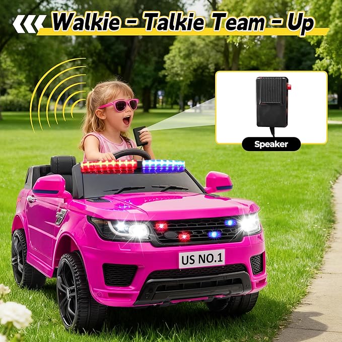 TOBBI Electric Cars for Kids Driving Remote Control Ride on Police Riding Car 4 Wheels Vehicles 12V Battery Cop Truck for Toddlers with Siren, Flashing Lights, Music, Pink