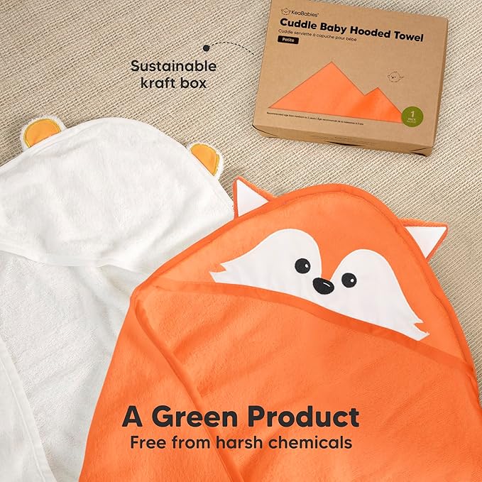 KeaBabies Hooded Baby Towel for Newborn - Viscose Derived from Bamboo Large Baby Bath Towels with Hood for Boys, Girls, Toddler, Extra Absorbent & Soft Newborn Bath Essentials (Fox, Petite)