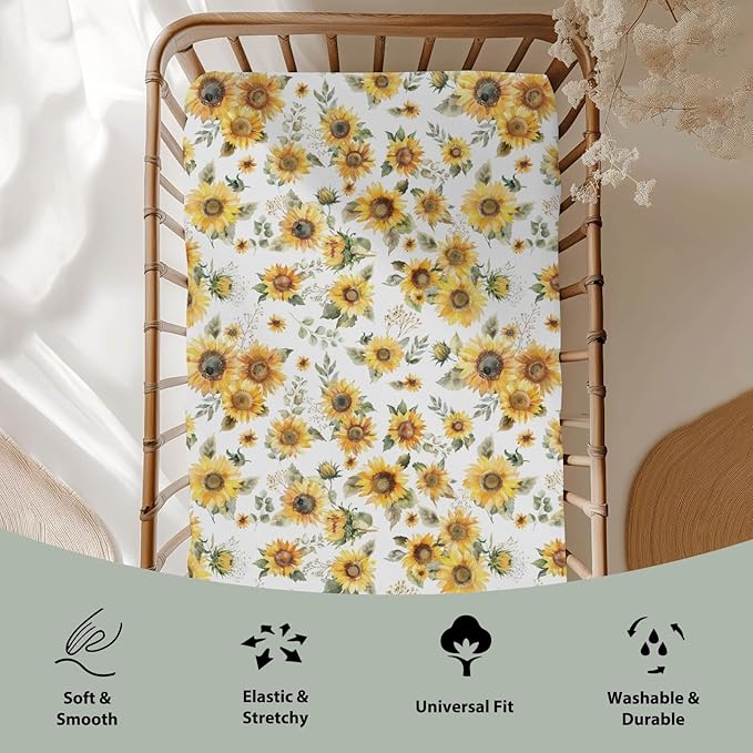 Yellow Sunflower Floral Baby Crib Sheets for Boy Girl 52"x28" Boho Sunflowers Leaves Soft Snug Fitted Crib Mattress Cover Summer Spring Garden Baby Sheet for Standard Crib and Toddler Bed Mattresses