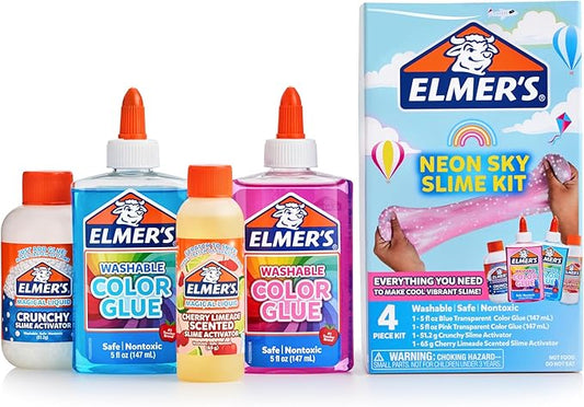 Elmer’s Neon Sky Slime Kit, Includes Transparent Color Liquid Glue, Crunchy and Cherry Limeade Scented Activators, 4 Piece Kit - Perfect for Birthday Parties, Gift Idea, Kids Activity