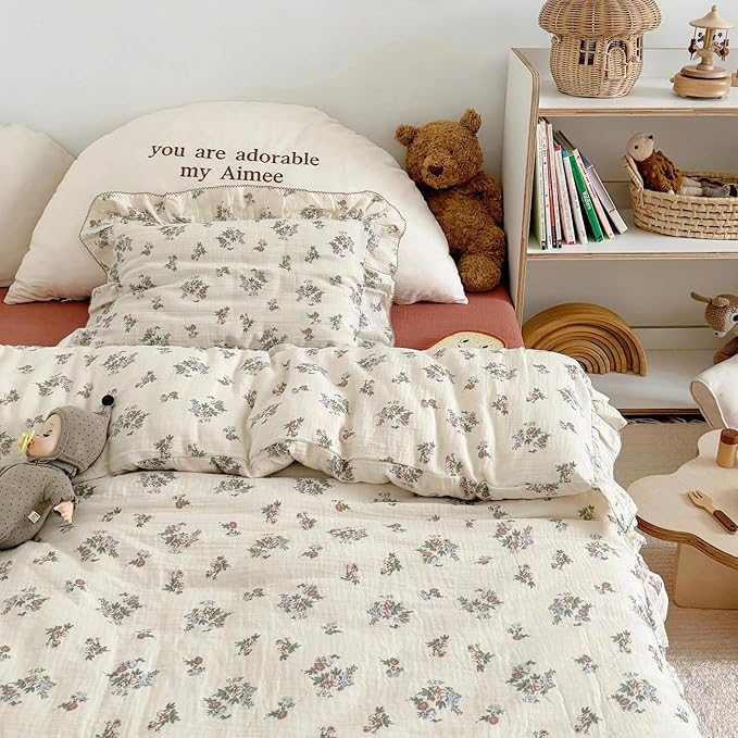 BuLuTu Muslin Floral Duvet Cover for Toddler Girls, Chic Shabby Aesthetic Kids Duvet Covers with Ruffles, All Seasons Gauze Cotton Toddler Bed Comforter Cover with Zipper, 47"x59", No Pillowcases