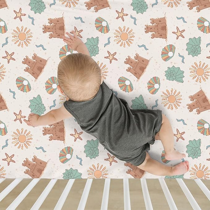 Boho Beach Summer Baby Crib Sheets for Boy Girl 52"x28" Retro Seaside Holiday Soft Snug Fitted Crib Mattress Cover Sun Seashells Castle Starfish Baby Sheets for Standard Crib & Toddler Bed Mattresses