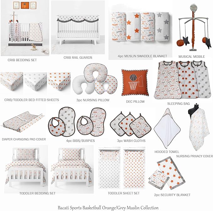 Bacati - Muslin Ikat Stars 4 Piece Neutral Toddler Bedding Set 100 Percent Cotton Includes Reversible Comforter, Fitted Sheet, Top Sheet, and Pillow Case (4 pc Toddler Bedding Set, Orange Stars)