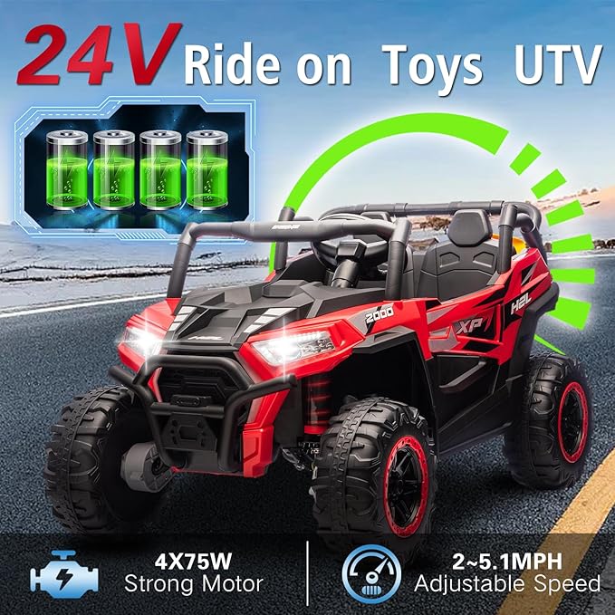 24V Car for Kids, 4WD Ride on Electric Cars, 4x4 Battery Powered Electric UTV for Boys Girls, 3 Speeds Off Road Truck with Bluetooth (Red)