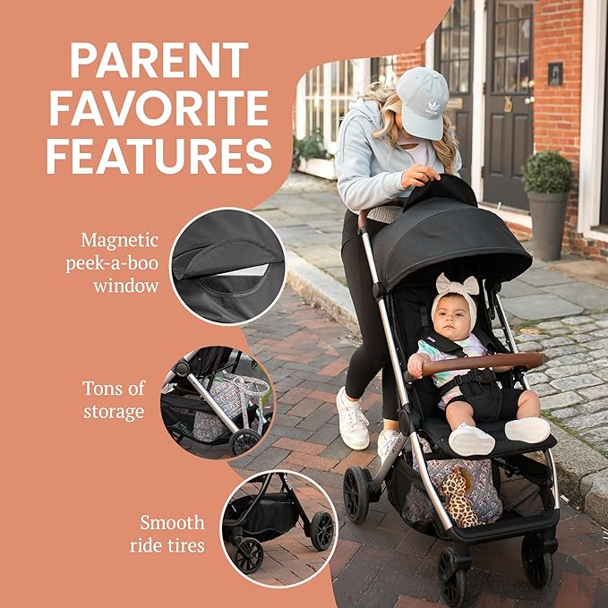 Bombi Bēbee V2 Lightweight Baby Stroller - Premium Vegan Leather, One-Hand Fold, Infinite Recline, Aircraft-Grade Aluminum Frame, XXL Canopy, and Ample Storage Umbrella Stroller - Onyx