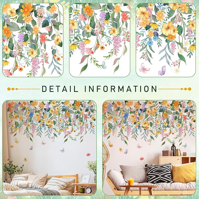 Buiory Removable Flower Plants Wall Decals Hanging Vine Floral Wall Stickers Peel and Stick Flower Butterfly Stickers for Baby Nursery Girls Bedroom Living Room Wall Decor