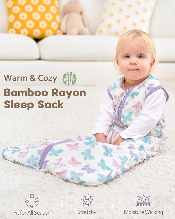 Rayon Made from Bamboo Baby Sleep Sack 0-6 Months, 1.0 Tog Baby Wearable Blanket, Soft Sleeping Bag for Newborn Infant Babies with 2-Way Zipper 2 Pack (Small) Purple Butterfly