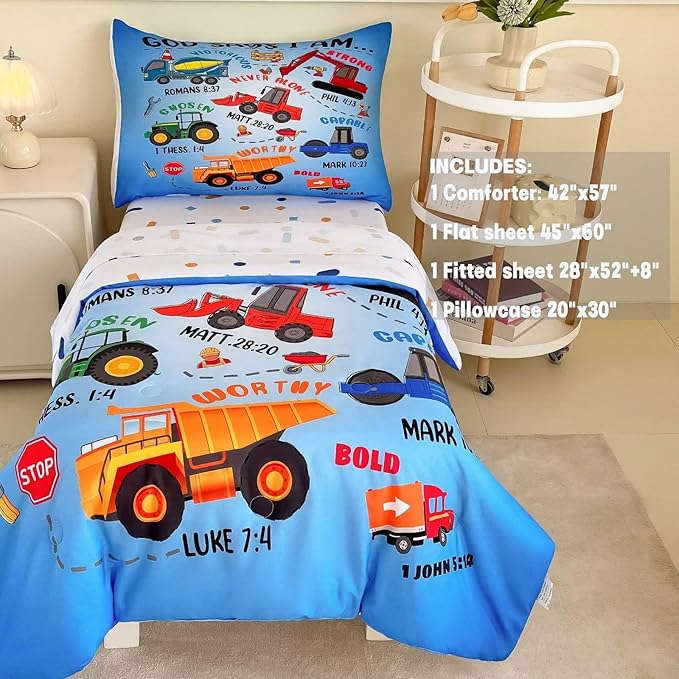 4 Piece Toddler Bedding Set for Boys,Cars Construction Toddler Bed Comforter Set Includes Comforter,Flat Sheet,Fitted Sheet and Pillowcase,Christan Trucks Tractors Bed in A Bag for Kids Bedroom