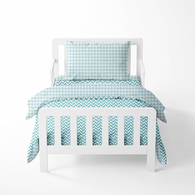 Bacati - Houndstooth/Herringbone 100% Cotton Muslin 4 Piece Neutral Toddler Bedding Set for US Standard Crib/Toddler Beds (Aqua)