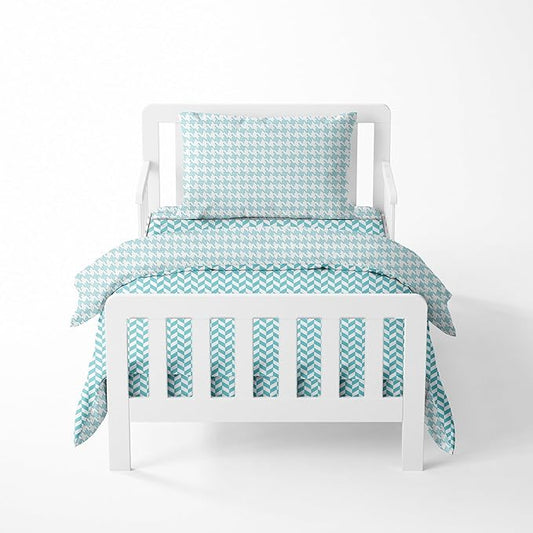 Bacati - Houndstooth/Herringbone 100% Cotton Muslin 4 Piece Neutral Toddler Bedding Set for US Standard Crib/Toddler Beds (Aqua)