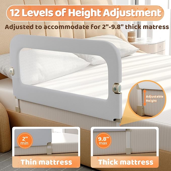 omzer Bed Guard Rail for Toddlers - 32inch Folding up & Adjustable Heights Baby Bed Safety Rails - Portable Toddler Bed Barrier Railing Guard for Kids Twin, Bunk, Queen, Full Size Bed