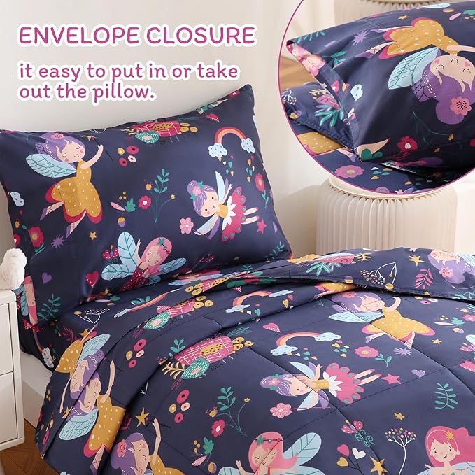 JSD Fairy Toddler Bedding Set, 4 Piece Bed-in-Bag Toddler Comforter and Sheet Set, Machine Washabale Comfortable