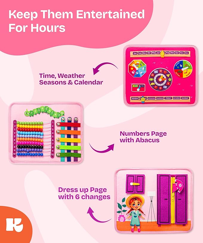 KEPLR Toddler Busy Board Montessori Toys for Toddlers 1-3 Year Old Educational Activity Book Board Sensory Travel Toys Ages 2-4 Preschool Learning Fine Motor Skills Toy Quiet Book Gift for Kids