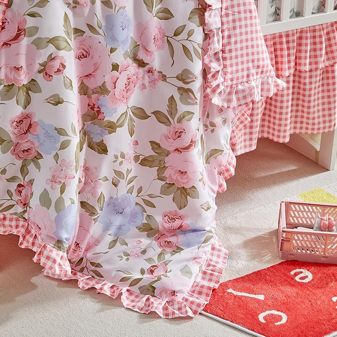 3 Piece Floral Crib Bedding Set, Soft Quilted Baby Comforter with Fitted Sheet & Ruffled Crib Skirt, Breathable and Cozy Shabby Chic Nursery Decor