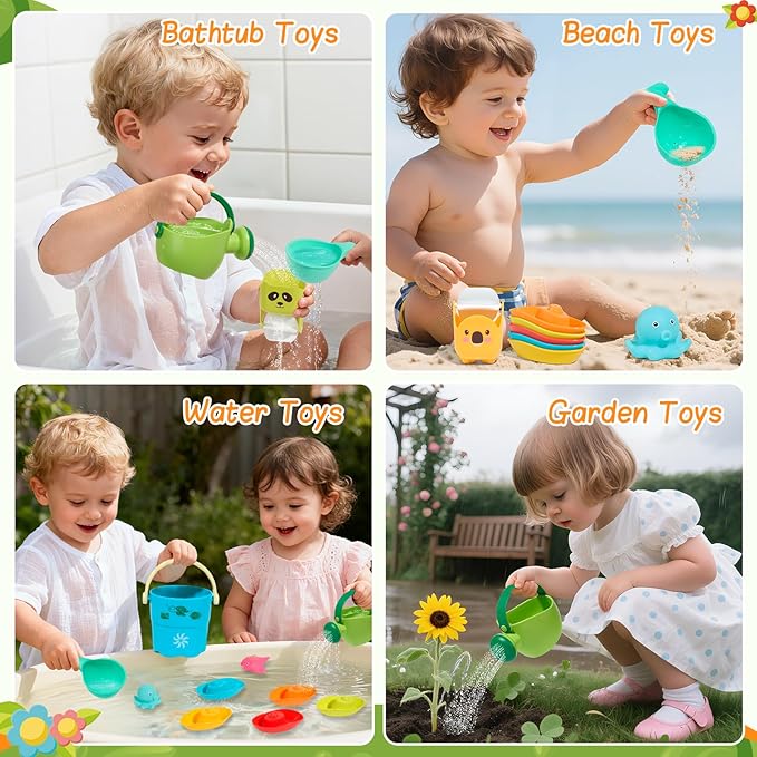 Mold Free Bath Toys, 17PCS | Safe Easy Clean & Fun Floating Boats & Rotating Waterfall Cups & Watering Can and No Hole Bath Toy for Babies 12+ Months | Bathtub Sand Beach Pool Water Toddler Toys