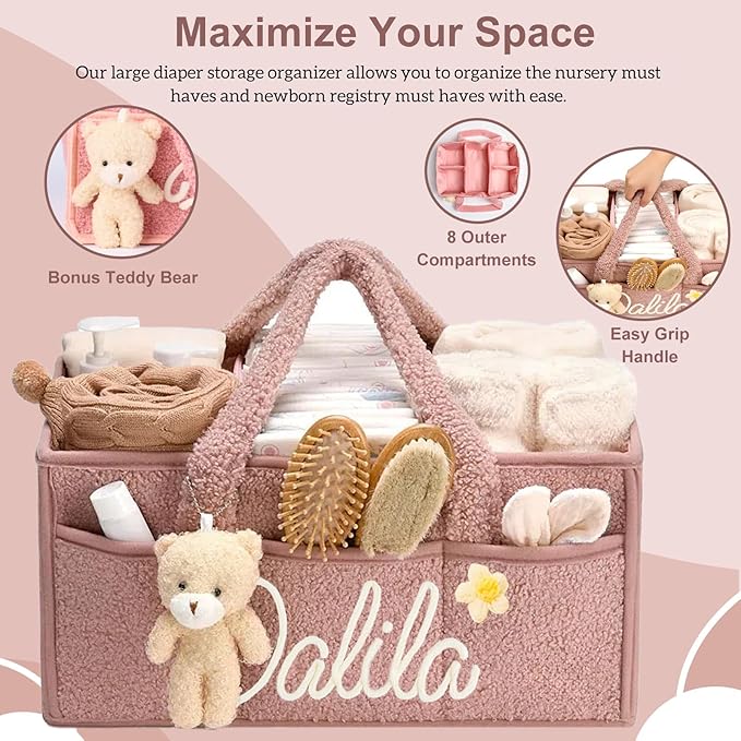 Personalized Baby Diaper Caddy Organizer with Name, Custom Portable Changing Mat Diaper Caddy for Boy Girl, Baby Essentials Storage Basket with Removable Dividers Gift for Newborn Caddie Car Travel