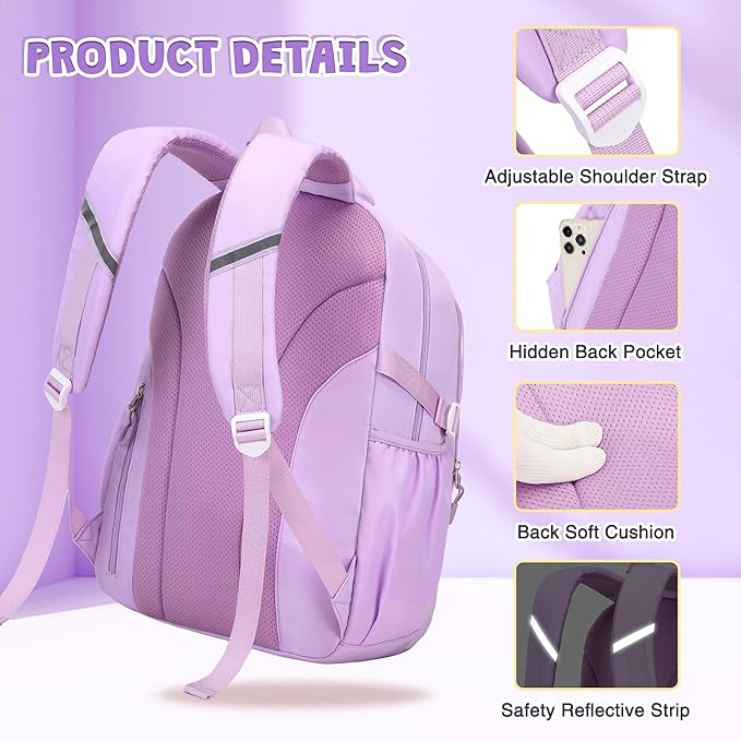 DIGOBAY 3PCS Girls Backpack for School, Kids Backpack for Girls with Lunch Box Pencil Case Set for Teen Girl Elementary Primary Middle High College School Bookbag with Cute Pins (Purple)