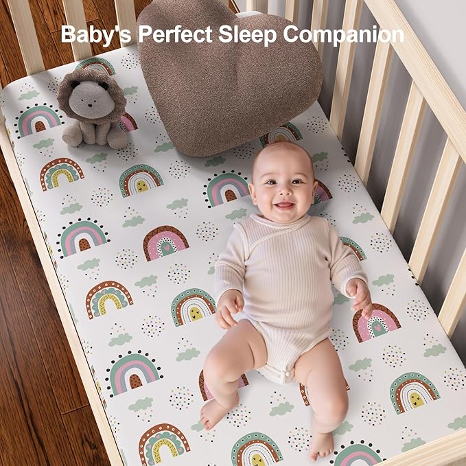 Pack N Play Sheets Fitted, 2-Pack Fit for Standard Pack N Play Mattress, Mini Crib Sheets,Breathable Soft Unisex Playard Sheets (Polar Bear & Green Rainbow)