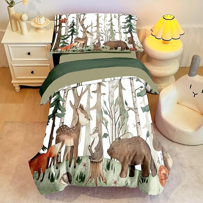 4 Pieces Woodland Animal Toddler Bedding Set, Forest Deer Bear Fox Bed Comforter Set for Boys Girls, Cute Toddler Bed Set Includes Comforter, Flat Sheet, Fitted Sheet and Pillowcase