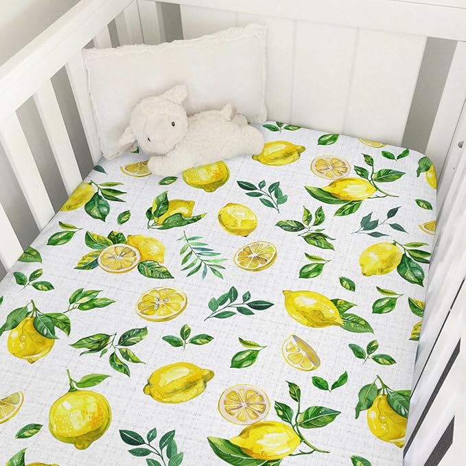 Watercolor Fresh Lemons Baby Crib Sheet 52''x28'' Summer Lemon Green Leaves Stretchy Fitted Crib Mattress Cover for Boy Girl Tropical Fruit Soft Nursery Bed Sheet for Standard Crib Toddler Mattress