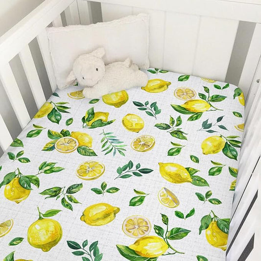 Watercolor Fresh Lemons Baby Crib Sheet 52''x28'' Summer Lemon Green Leaves Stretchy Fitted Crib Mattress Cover for Boy Girl Tropical Fruit Soft Nursery Bed Sheet for Standard Crib Toddler Mattress