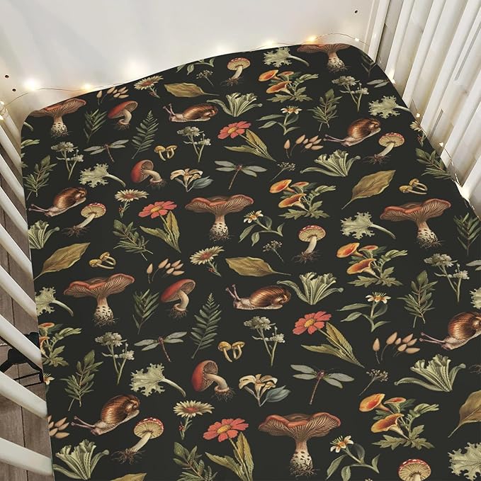 Fairytale Mushroom Baby Crib Sheets for Boy Girl 52x28Inch Retro Mushrooms Floral Leaves Soft Snug Fitted Crib Mattress Cover Magical Plant Baby Sheet for Standard Crib & Toddler Bed Mattress