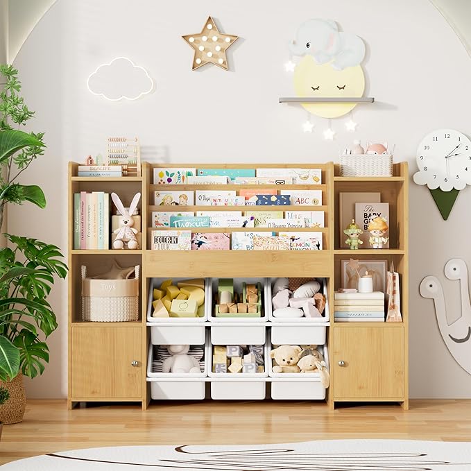FINETONES Toy Storage Organizer with 6 Toy Bins, Toy Organizer Kids Bookshelf with 6 Cubbies, Toy Organizers and Storage Bins Playroom Storage for Kids Room, Natural