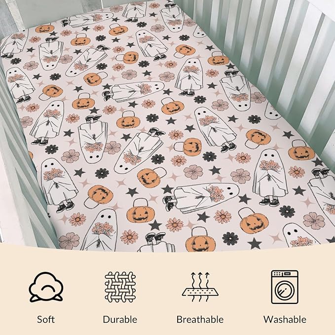 Boho Floral Halloween Pumpkin Spooky Baby Crib Sheets Sweet Gothic Soft Baby Sheets Spooky Season Fitted Crib Mattress Cover for Standard Crib and Toddler Mattress 52"x28"