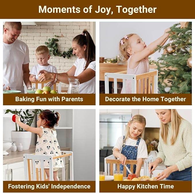 COSYLAND Kids Kitchen Step Stool Helper - Wooden Standing Tower for Kids with Anti-Tip Support Legs (White & Natural)