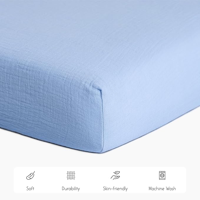 Meracorallo Muslin Crib Sheet, 100% Cotton Fitted Crib Sheet 28x52 Soft and Breathable Baby Boys Girls Cover for Standard Crib and Toddler Mattresses, Sky Blue