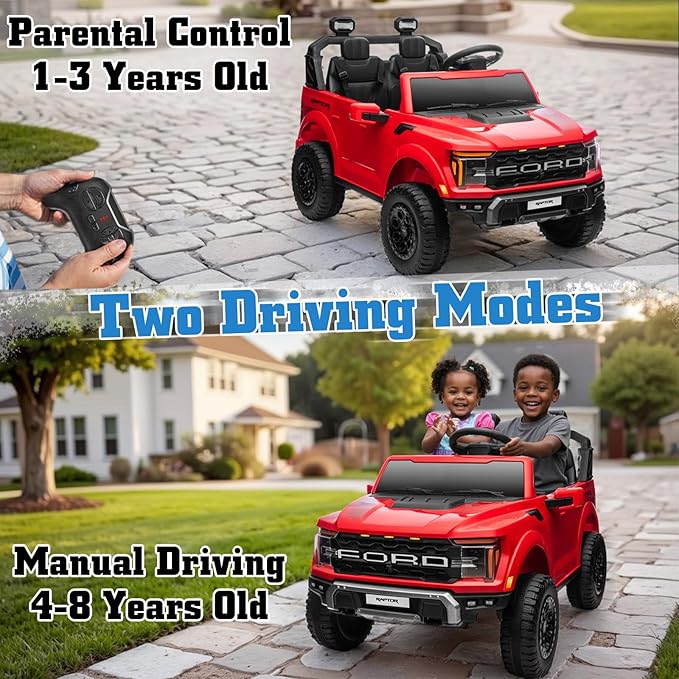 24V Ride on Car for Big Kids, Licensed Ford F-150 Raptor 2 Seater Ride on Toy with Remote Control, Ride on Track w/4-Wheeler Suspension, LED Lights, Bluetooth, Music, Soft Start (24V, Red)