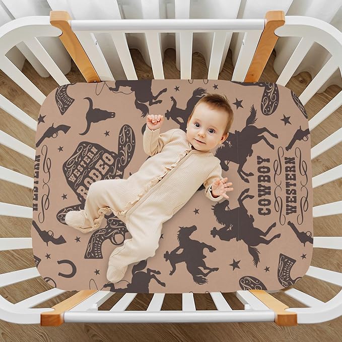 Western Cowboy Vintage Crib Sheets Soft Breathable Fitted Baby Crib Sheets Mattress Cover for Girl Boys, 52" x 28" x 9"