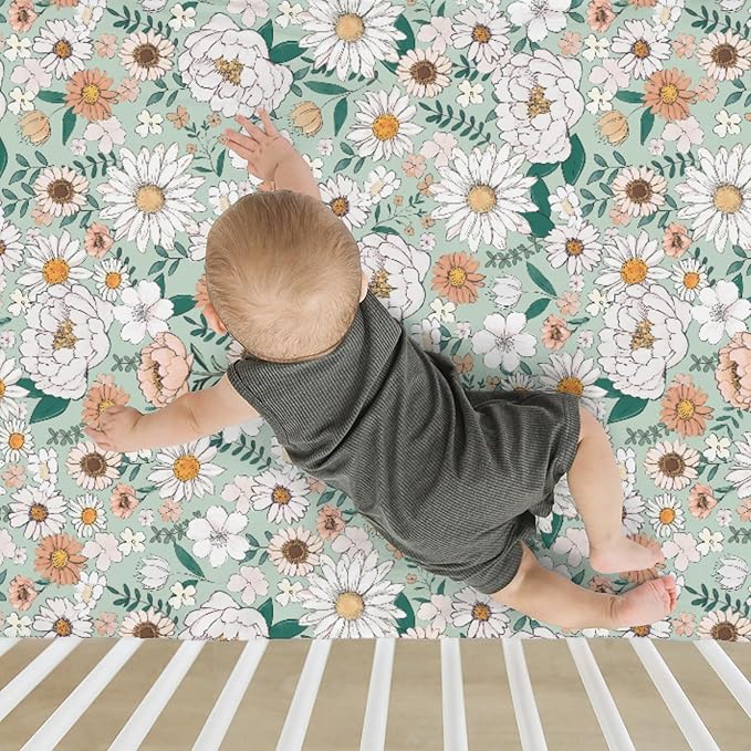 Spring Boho Floral Baby Crib Sheets for Boy Girl 28"x52" Neutral Green Flowers Leaves Soft Stretchy Fitted Crib Mattress Cover Pastel Peony Daisy Nursery Baby Sheet for Crib & Toddler Bed Mattresses
