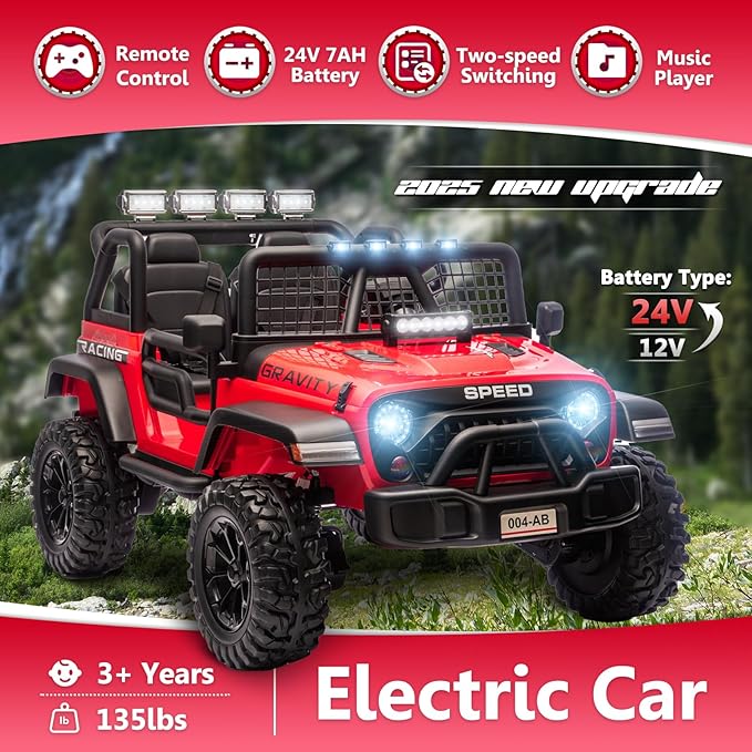 Sopbost 24V 7Ah 2 Seater Ride On Truck Ride On Toy for Big Kids Ride On Car with Remote Control Off-Road Electric Car with Shock Absorber, LED Lights, Bluetooth Music Player, EVA Tires, Red