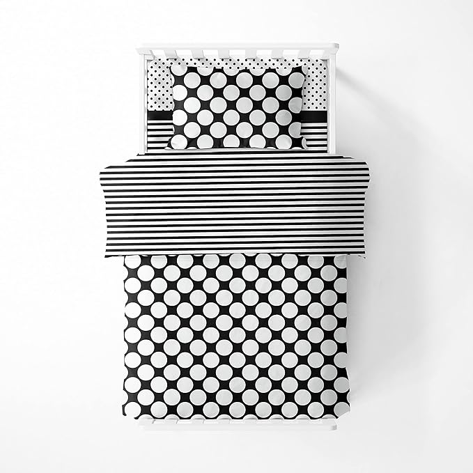 Bacati - Dots/pin Stripes Black/White 4 Pc Neutral Toddler Bedding Set 100 Percent Cotton Includes Reversible Comforter, Fitted Sheet, Top Sheet, and Pillow Case for Boys/Girls