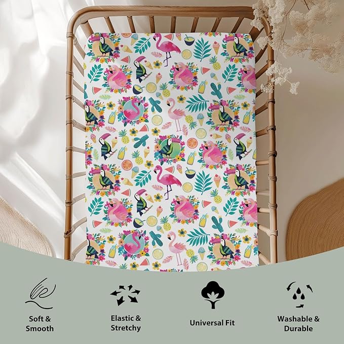 Pink Flamingo Toucan Tropical Fruits Baby Crib Sheets for Boy Girl 52"x28" Colorful Summer Birds Leaves Soft Snug Fitted Crib Mattress Cover Hawaiian Baby Sheet for Standard Crib & Toddler Mattress