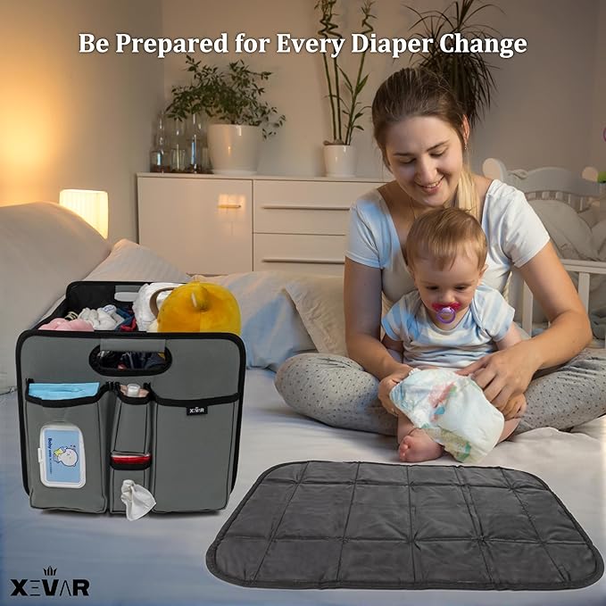 XEVAR Baby Diaper Caddy Organizer with Changing Mat - Portable Car Caddy for Newborn Essentials, Diapers & Wipes, Gift for Baby Shower and New Mom | Oxford Fabric, Grey